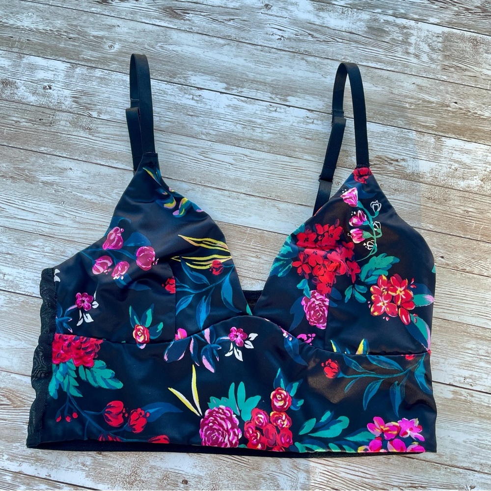 Satin and Fine Mesh Black Bralette Tropical Floral Print Longline Crop Small GUC - Picture 4 of 10